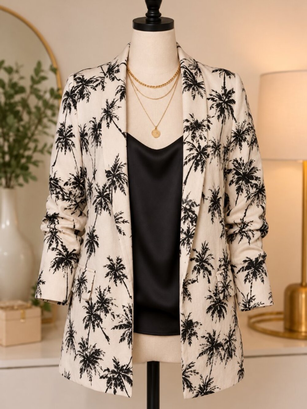 Zara Basic Collection Ivory Black Palm Tree Jacquard jacket blazer size large